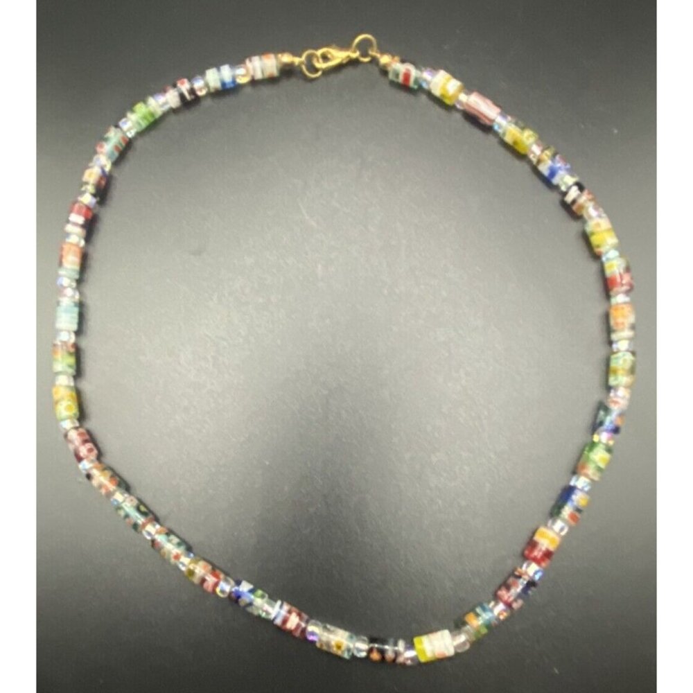 Unique Multicolor Necklace Venetian Millefiori 6mmx3mm Tube Bead 17" Gold Tone - Picture 6 of 11